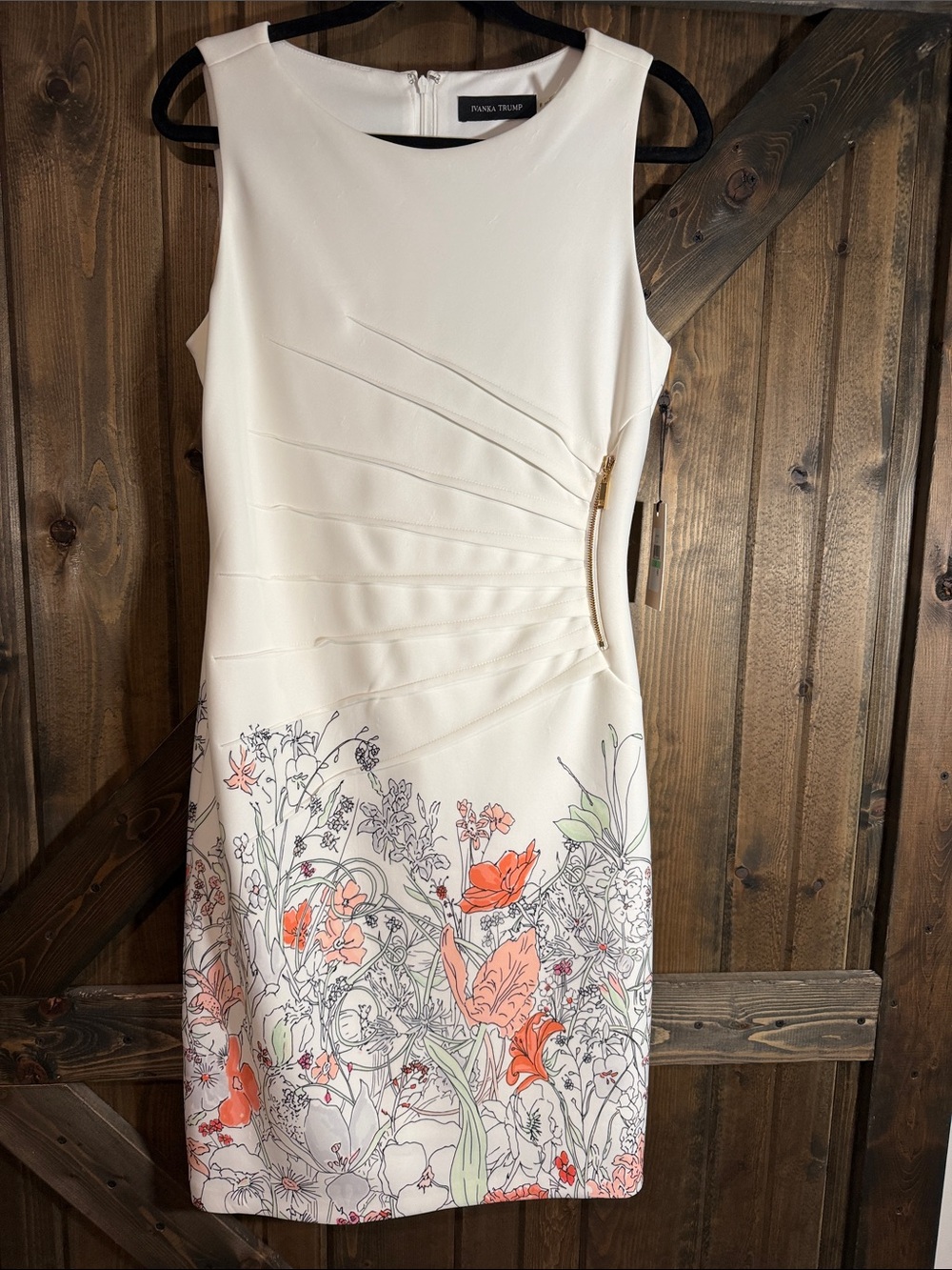 Ivanka Trump Cream Midi Sheath Dress with Coral and Green Floral Print